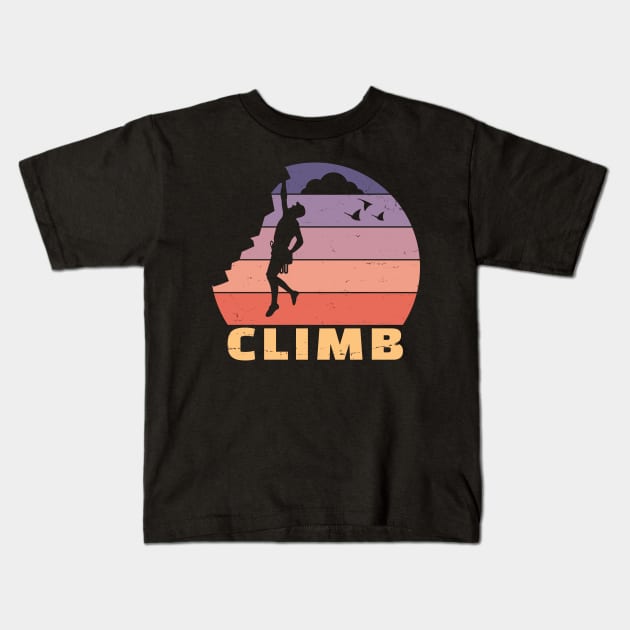 Retro Sunset Climber | Rock Climbing & Bouldering Kids T-Shirt by shirtonaut